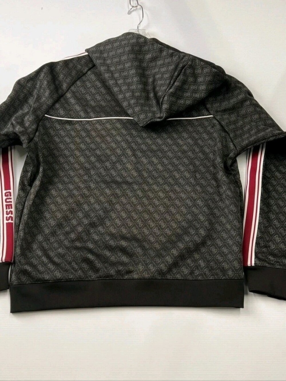 Guess Men's Black Monogram Zip Hoodie with Burgundy Stripe Size M - Picture 5 of 7